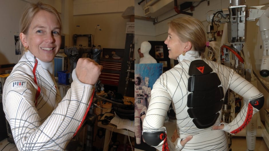 Dr. Newman models her "Bio-suit" spacesuit prototype at MIT.