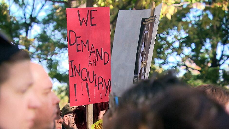 Community members calling for an MMIW inquiry at a recent Montreal event.