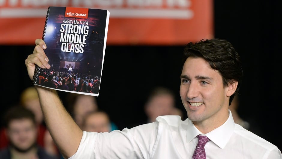 Liberal Leader Justin Trudeau holds up his party's platform at a press conference in Waterloo, Ont. on Monday, October 5, 2015.