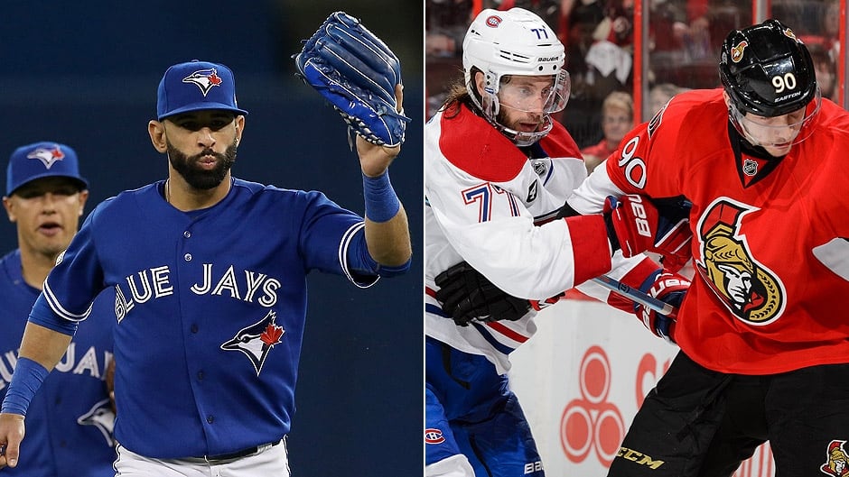 Left to right: The Blue Jays Jose Bautista, the Canadiens Tom Gilbert, and the Senators Alex Chiasson.