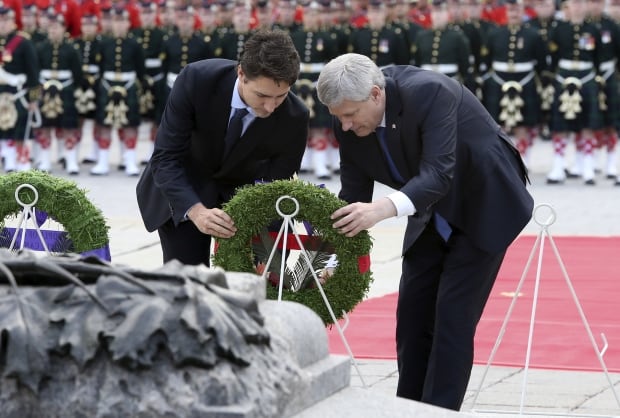 PM Stephen Harper Justin Trudeau lay wreath Parliament Hill Oct 22 2015