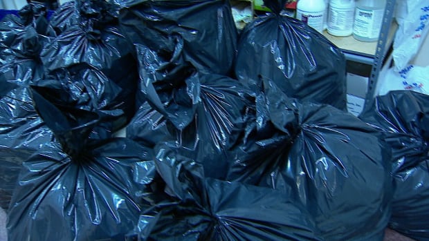 Garbage bags filled with Halloween candy