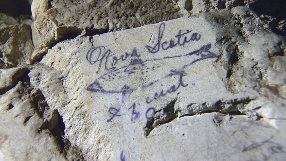 A fish etched into the rock by a Canadian soldier in 1917. It is one of a series of etchings in a tunnel under Vimy Ridge, just before the historic battle, that have rarely been seen.