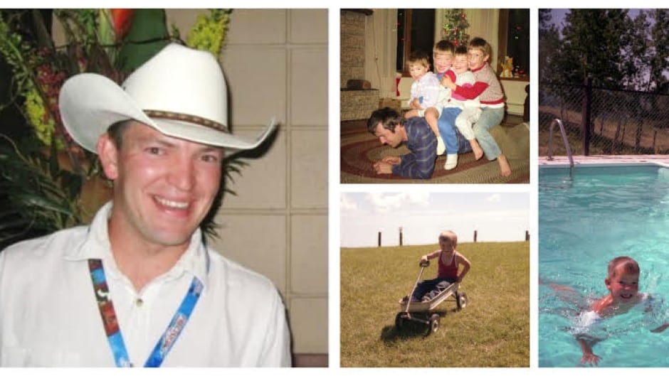 Greg Price, as an adult, pictured in cowboy hat and in other family photos with his siblings and his father, David Price.