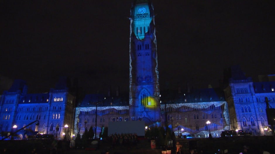 Parliament Hill is lit up with holiday-themed lights on Dec. 2, 2015.