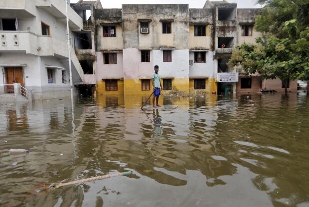 INDIA-FLOODs Dec 5 2015 paddle board Chennai floodwaters
