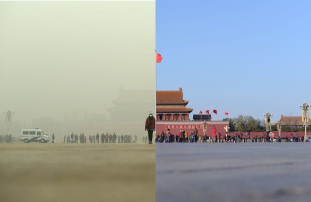 Tiananmen Square in the smog before and after Dec 1-3 2015