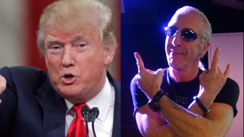 In this composite photo, Republican presidential candidate Donald Trump is seen at left speaking during a campaign stop Monday, Nov. 16, 2015, in Knoxville, Tenn., while Twister Sister frontman Dee Snider is seen at right in the CBC q studio in Toronto on Thursday, Dec. 9, 2015.