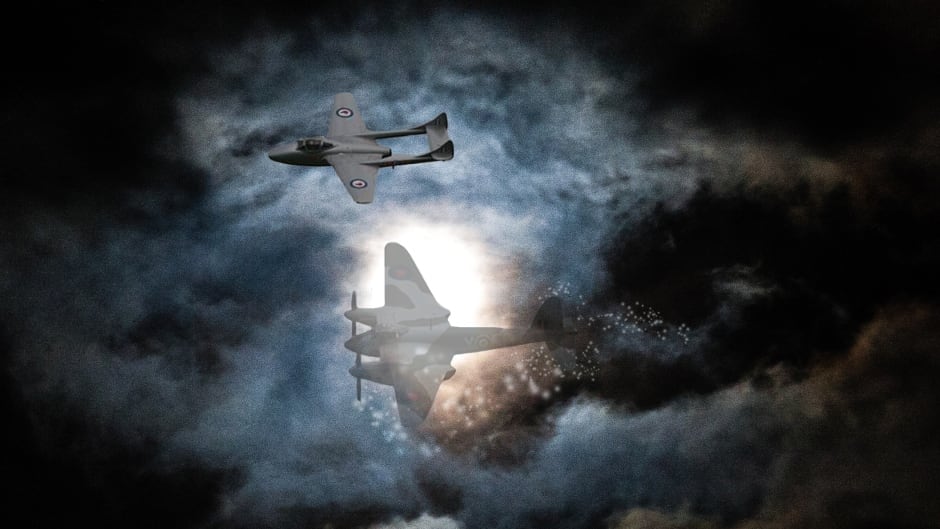 A de Havilland Vampire jet flanked by a "ghost" de Havilland Mosquito