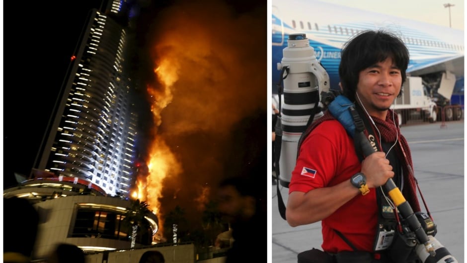 A massive fire engulfs "The Address" hotel in Dubai on Dec. 31, 2015, a few hours before midnight on New Year's Eve (left). Photographer Dennis Mallari was preparing to shoot fireworks from the hotel's 48th floor. He hung from a cable outside the building for two hours before being rescued.