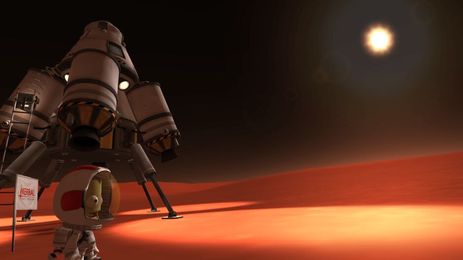 A kerbonaut (AKA astronaut) lands on the planet Duna (AKA Mars) in space flight simulator "Kerbal Space Program".