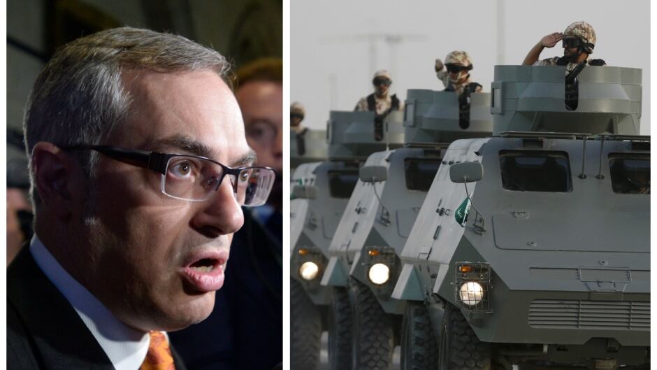 Left, Conservative MP and global affairs critic Tony Clement demands the Liberal government release more details on Canada's $15 billion arms deal with Saudi Arabia. Right, Saudi forces in a graduation ceremony in Riyadh. Saudi Arabia is widely criticized for its human-rights practices.