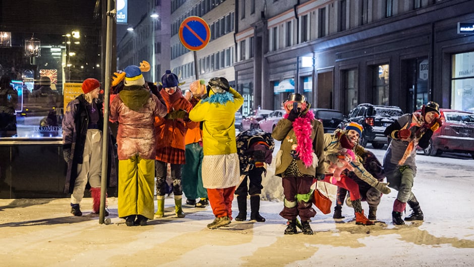 The Loldiers of Odin clown troupe take to the streets of Tampere, Finland.