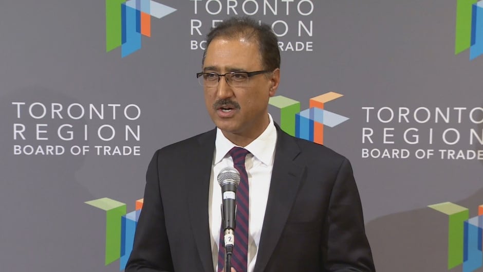 Infrastructure Minister Amarjeet Sohi speaks with reporters after giving a lunch-hour speech at the Toronto Region Board of Trade on Thursday.