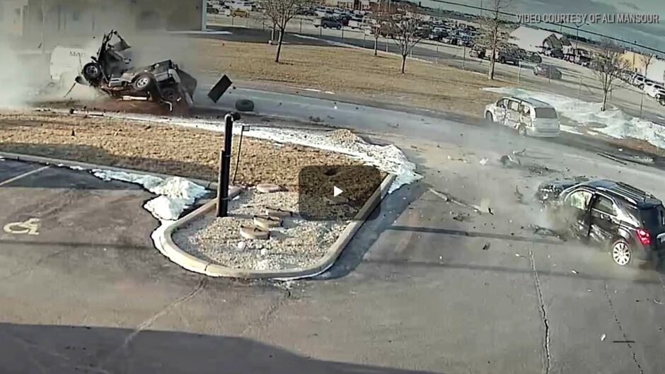 A still image of the four-vehicle crash in Windsor, Ontario taken from surveillance video at Ali Mansour's garage.