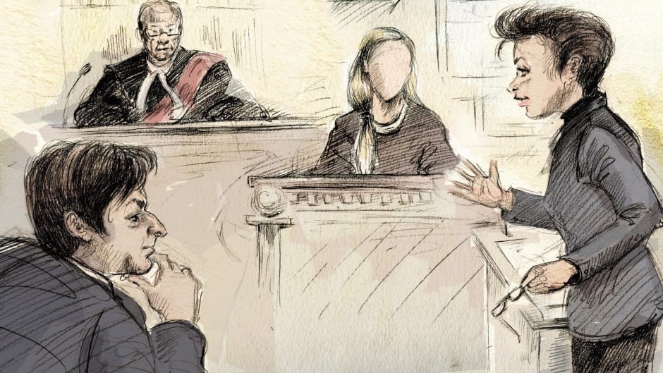 In this artist's sketch, Jian Ghomeshi (left to right), Justice William Horkins, a witness and Ghomeshi's lawyer Marie Henein appear in court on the first day of the former CBC host's trial in Toronto, Monday, Feb.1, 2016.