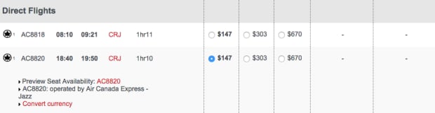 Screen capture of flight ticket price