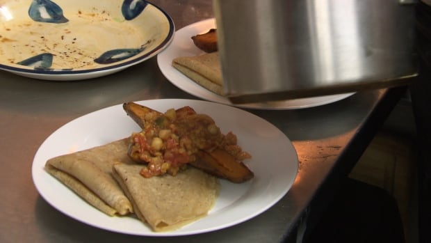Moroccan Stew and Roasted Sweet Potato with Chickpea Dosa