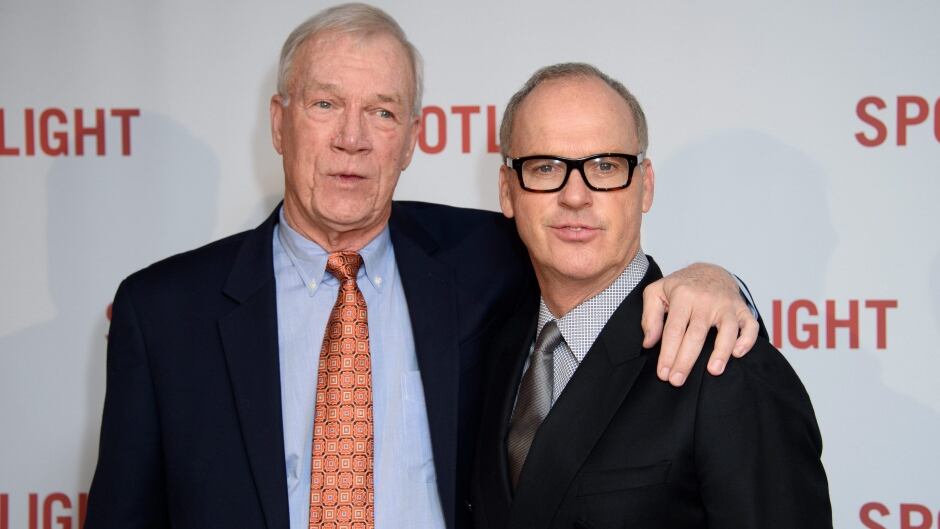 Former Spotlight editor Walter Robinson, with actor Michael Keaton at the premiere of the film 'Spotlight'.