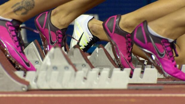 Russian women sprinters in the starting blocks