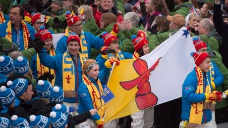 Team Nunavut arrives for the closing ceremonies at the 2015 Canada Winter Games. Nunavut will be represented by 180 athletes, coaches, cultural delegates, and mission staff at the 2016 Arctic Winter Games. Canada Games 20150301
