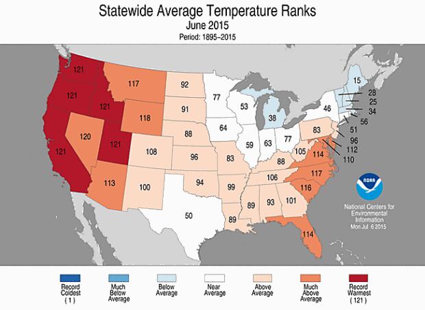US state wide temperature ranks june 2015