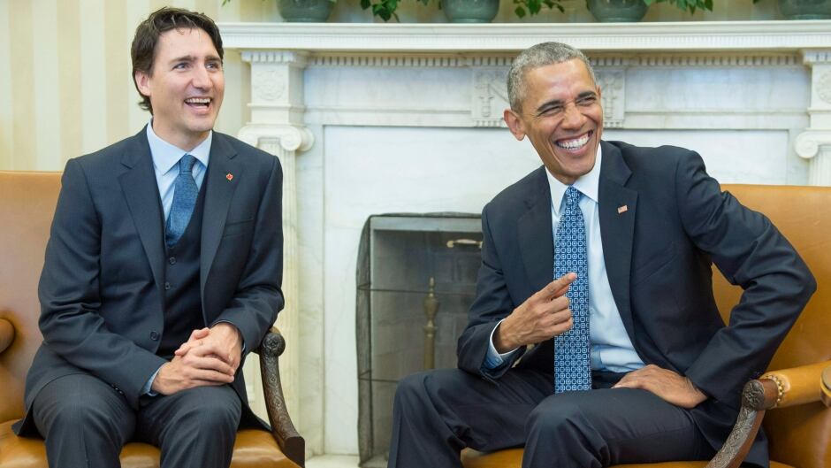 U.S. President Barack Obama, right, and Prime Minister Justin Trudeau share a laugh as they pose for a photo in the Oval Office of the White House in Washington, on Thursday, March 10, 2016.
