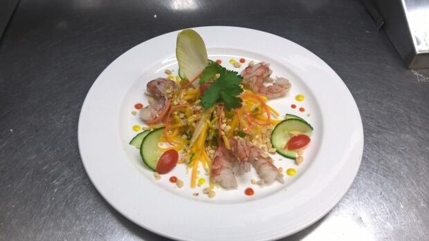 Raw butternut squash salad with mango, Asian pear, fresh coriander and lime