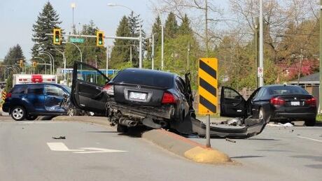 Police say a 19-year-old man caused a multi-vehicle crash at 96th Avenue and 128th Street in Surrey on Sunday, April 17, 2016. Surrey car crash at 96 and 128th