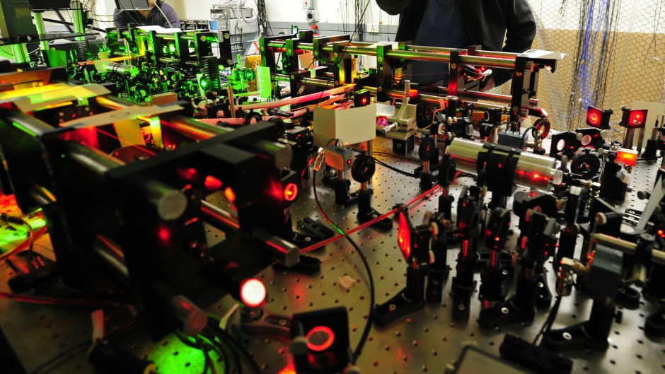 A prototype of an "ion trap" quantum computer.
