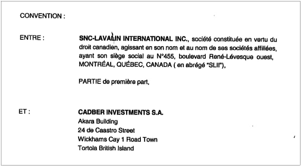 SNC-Lavalin International Inc. contract with Cadber Investments SA