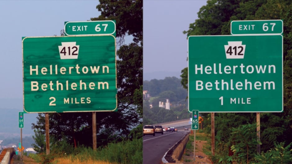 A comparison of the old US highway typeface (Highway Gothic) with the newer (Clearview), designed to be more readable.