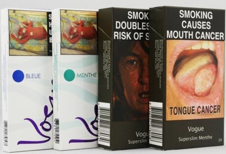 At right, Australian cigarette packages after plain packaging was introduced in that country. On left, are what the packages used to look like before the new law. The new packaging regulations also standardize the size and shape of the packages, eliminating 'superslim' and 'lipstick' packages that target young women. (David Hammond/University of Waterloo)