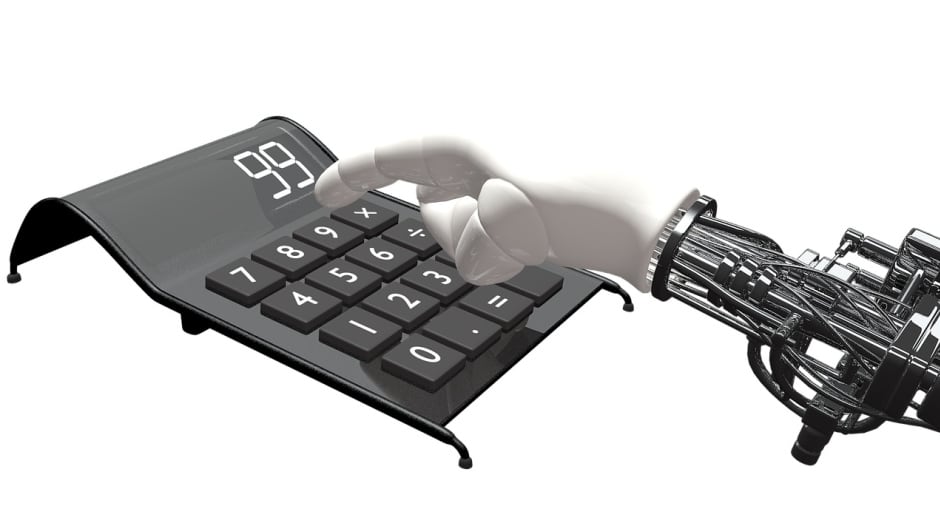 An artistic rendering of a robotic arm using a calculator.