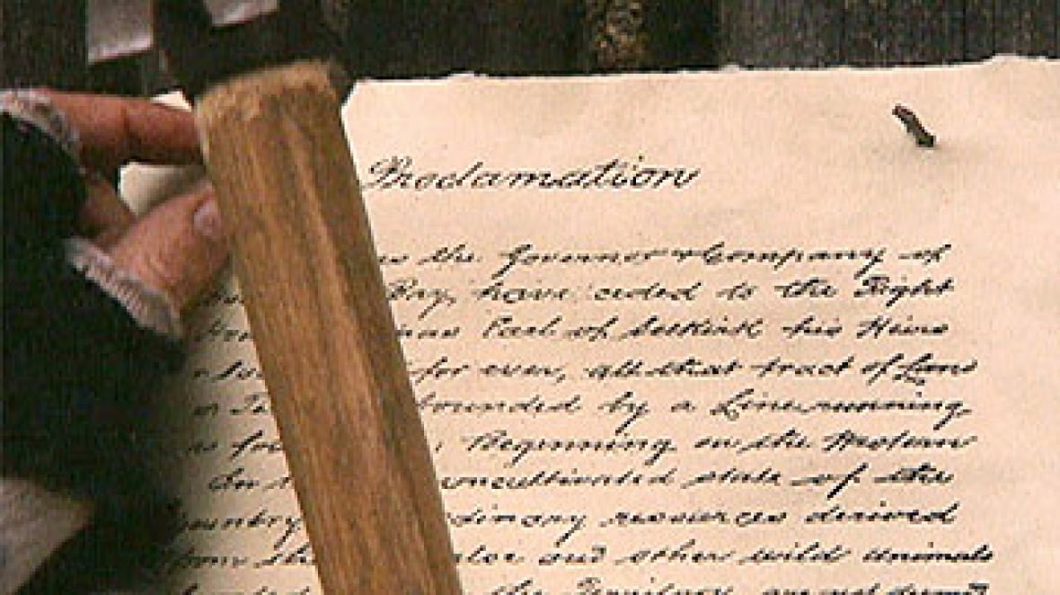 The Pemmican Proclamation, issued by Miles Macdonell, governor Assiniboia, in 1814, banned the export of food from Red River and thereby prevented the North West Company from supplying its distant trading posts. (As portrayed in Canada: A People's History)
