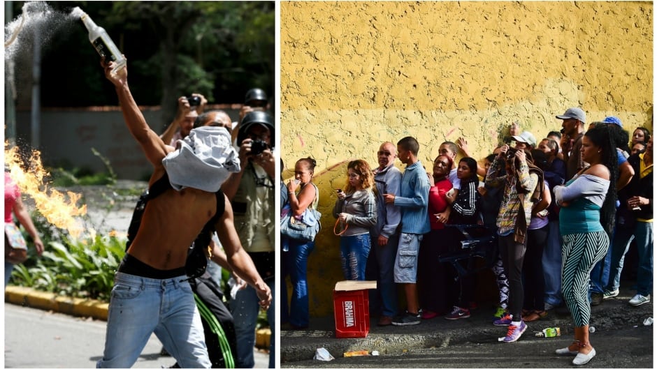 A demonstrator throws a molotov cocktail against riot policemen during a protest in Caracas, Venezuela. People queue to buy basic food and household items outside a supermarket in the poor neighbourhood of Lidice, in Caracas, on May 31, 2016.