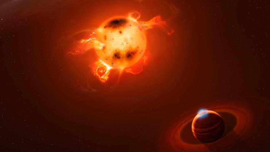 The "hot jupiter" planet was found orbiting the star V830 Tau, as seen in this artists' conception. They are located about 430 light years from Earth in a star-forming region of the constellation Taurus.