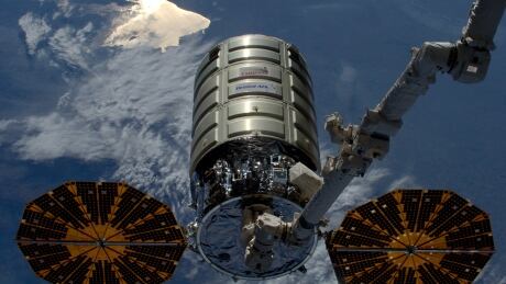 Image of an unmanned Orbital ATK Cygnus cargo craft, one of which was used to conduct the Saffire experiment to see how fire burns and spreads in a microgravity environment. Orbital ATK Cygnus cargo craft