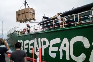 Solar panels loaded on Arctic Sunrise