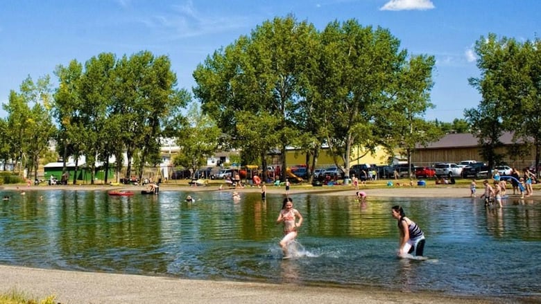 Kids swim in a lake.