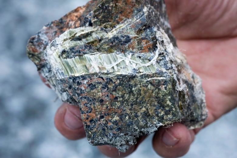 A former asbestos mine worker holds a chunk of the mineral fibre. 