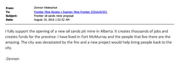 A comment submitted to the panel reviewing the Frontier Oilsands mine