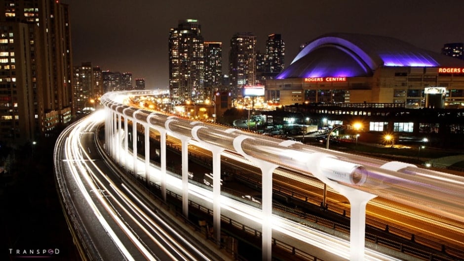 A concept image of what TransPod's Hyperloop line might look like in downtown Toronto.