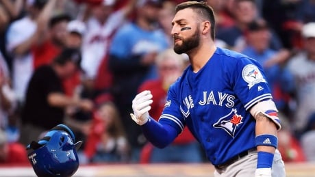 Toronto Blue Jays centre fielder Kevin Pillar (11) reacts after striking out against Cleveland Indians relief pitcher Andrew Miller (24) during the seventh inning of Game 2 in Cleveland on Saturday. BBA ALCS Blue Jays Indians baseball 20161015