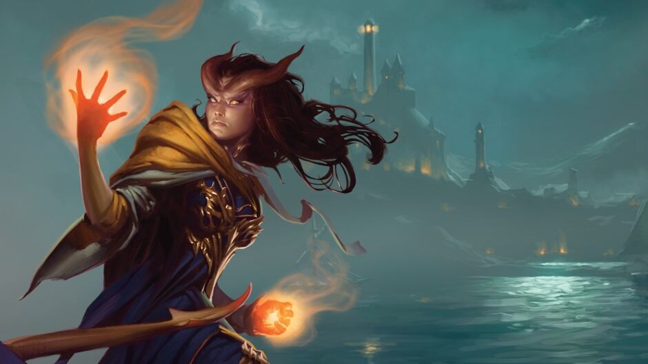 A wizard casts a spell in this promotional image for the Dungeons and Dragons novel "Adversary"