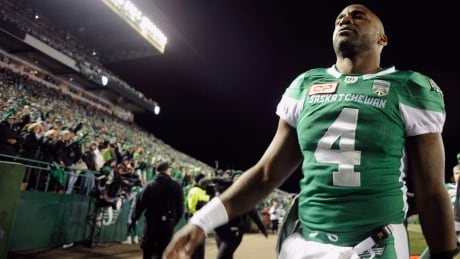 Saskatchewan Roughriders' quarterback Darian Durant walks off the field after losing to the B.C. Lions during CFL action in Regina on Saturday, Oct. 29, 2016. THE CANADIAN PRESS/Mark Taylor FBO CFL Lions Roughriders 20161029
