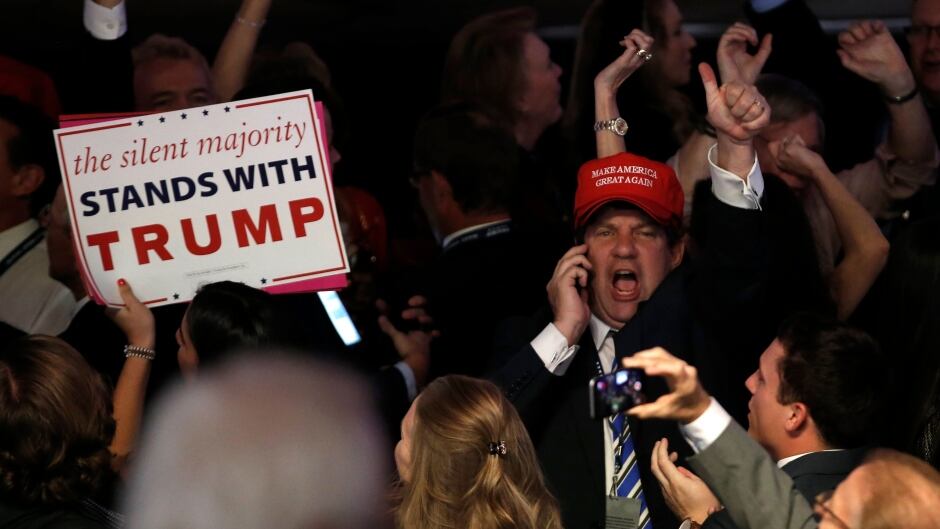 A member of "the silent majority" celebrates Donald Trump's presidential win in Manhattan, New York, U.S., November 8, 2016.