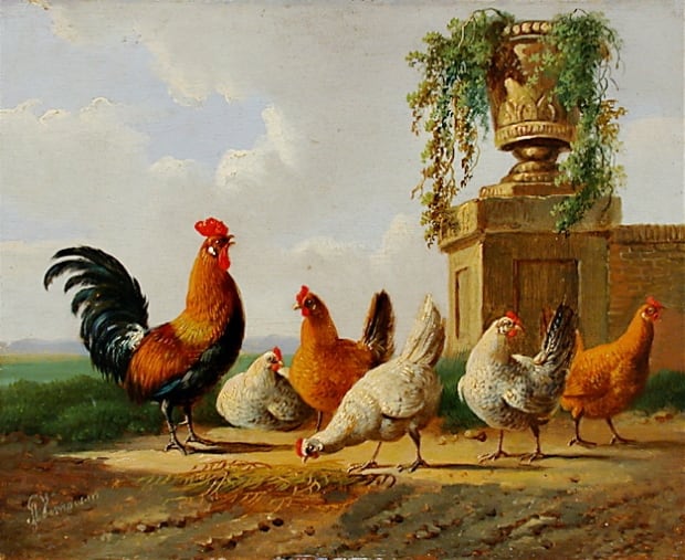 Albertus Verhoesen: Chickens and a park vase