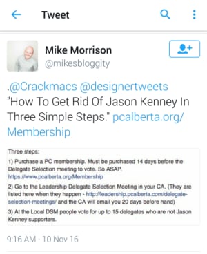 Calgary Blogger Mike Morrison was singled out by Kenney as trying to stop his leadership