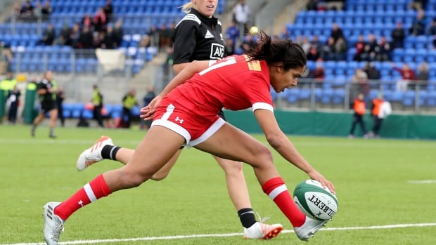 Canada's Magali Harvey scores a try during Canada's loss to New Zealand.